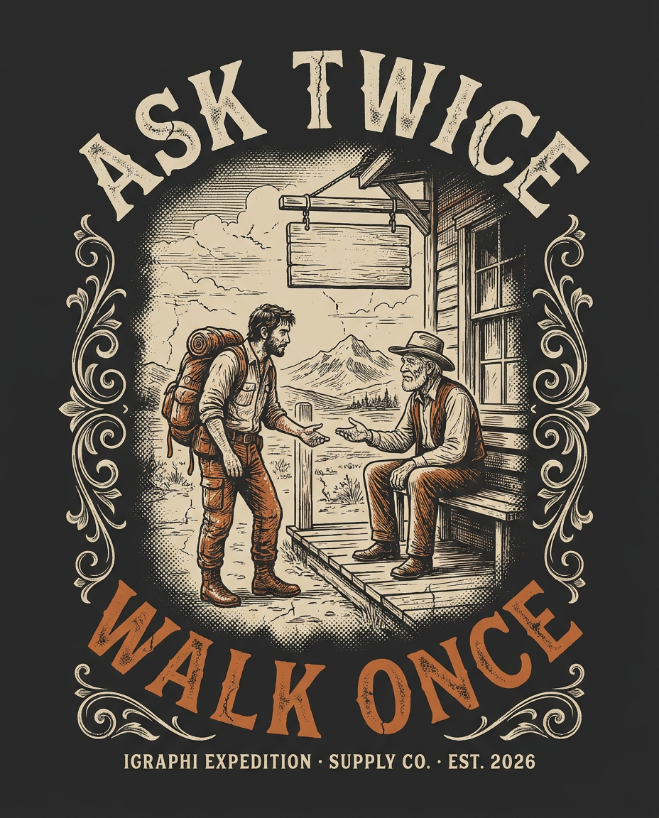 Back print artwork: Ask Twice / Walk Once, engraved general store scene