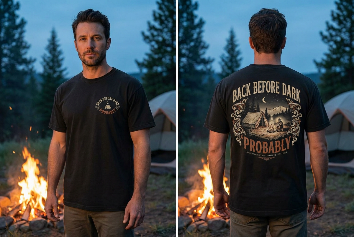 Back Before Dark. Probably. tee on model, front and back
