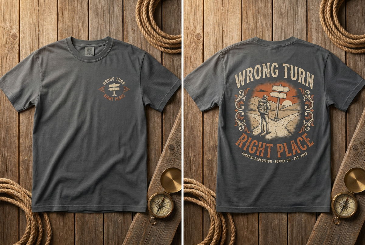 Wrong Turn. Right Place. heavyweight tee in pepper, front and back, flat lay