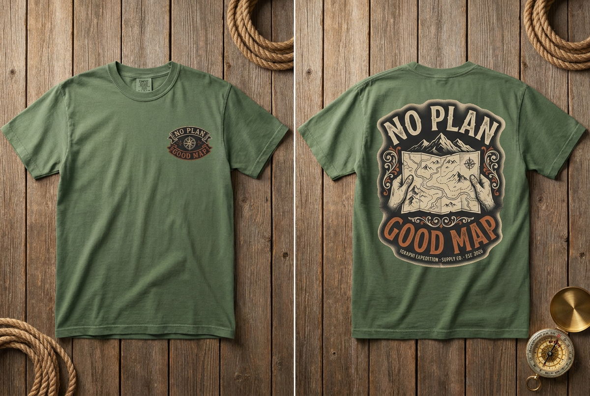 No Plan. Good Map. heavyweight tee in moss, front and back, flat lay