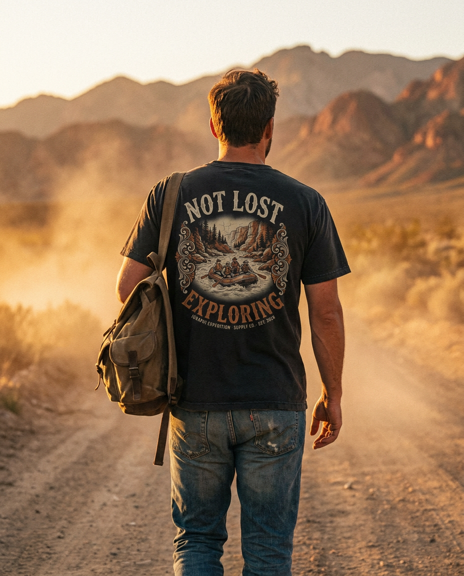 Not Lost. Exploring. tee worn on a dirt road at golden hour, back print