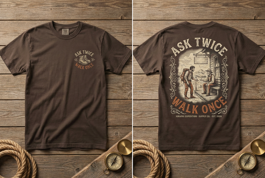 Ask Twice. Walk Once. heavyweight tee in espresso, front and back, flat lay