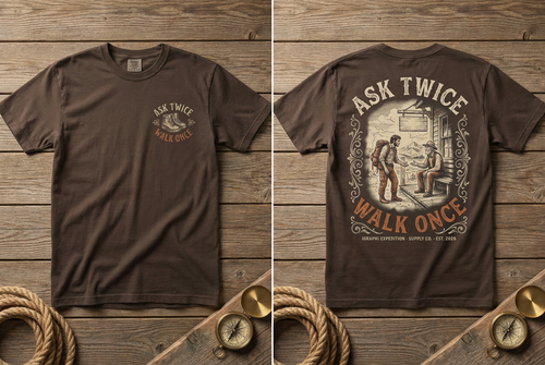 Ask Twice. Walk Once. heavyweight tee in espresso, front and back, flat lay