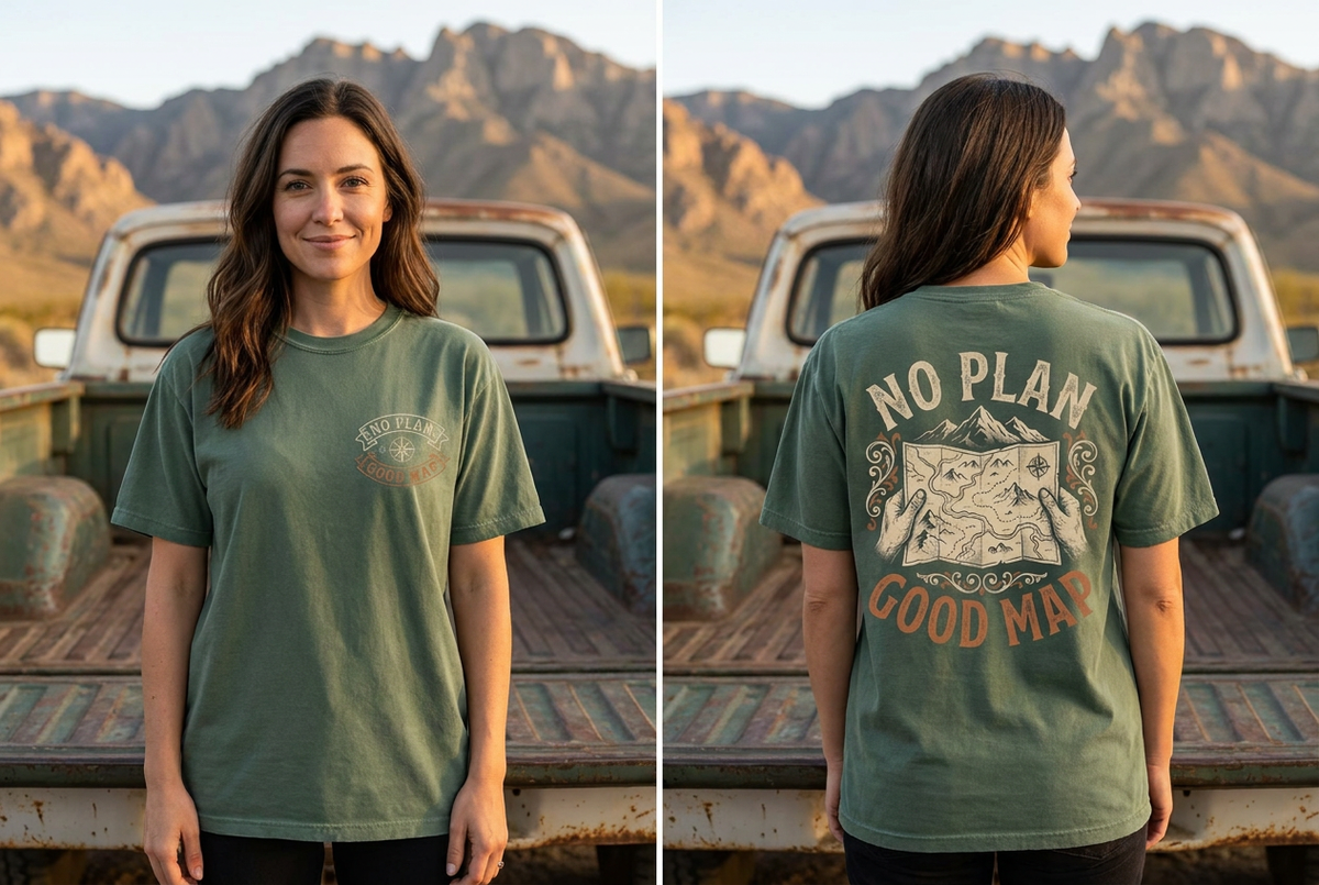 No Plan. Good Map. tee on model, front and back