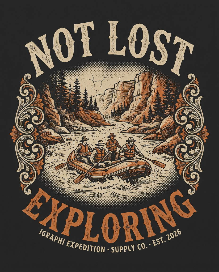 Back print artwork: Not Lost / Exploring, engraved whitewater raft scene