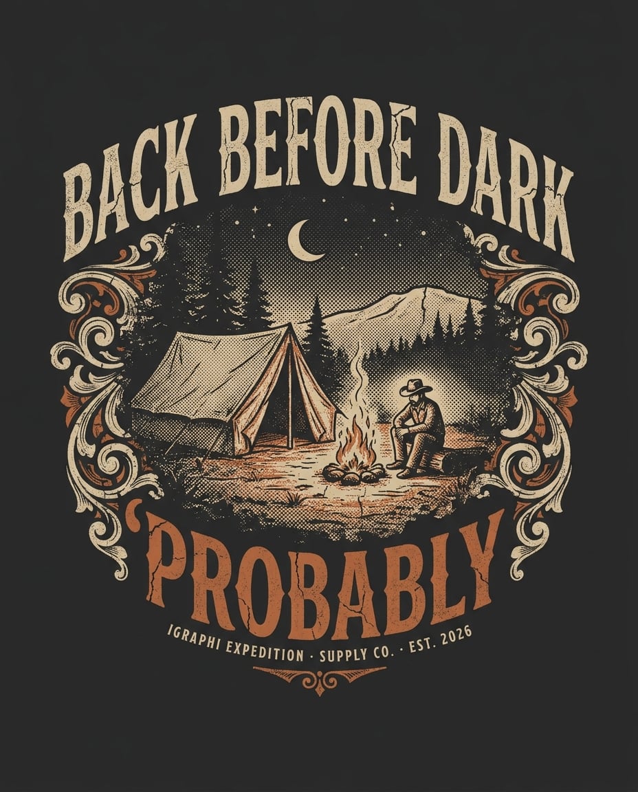 Back print artwork: Back Before Dark / Probably, engraved campfire scene