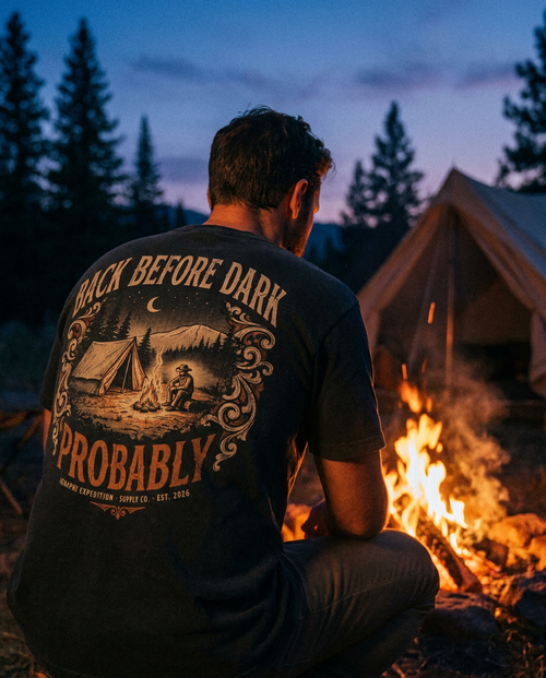 Back Before Dark. Probably. tee worn by a campfire at dusk, back print