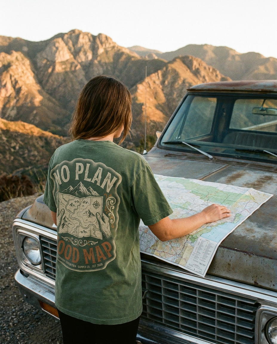 No Plan. Good Map. tee worn at a mountain overlook with a map on a pickup hood, back print