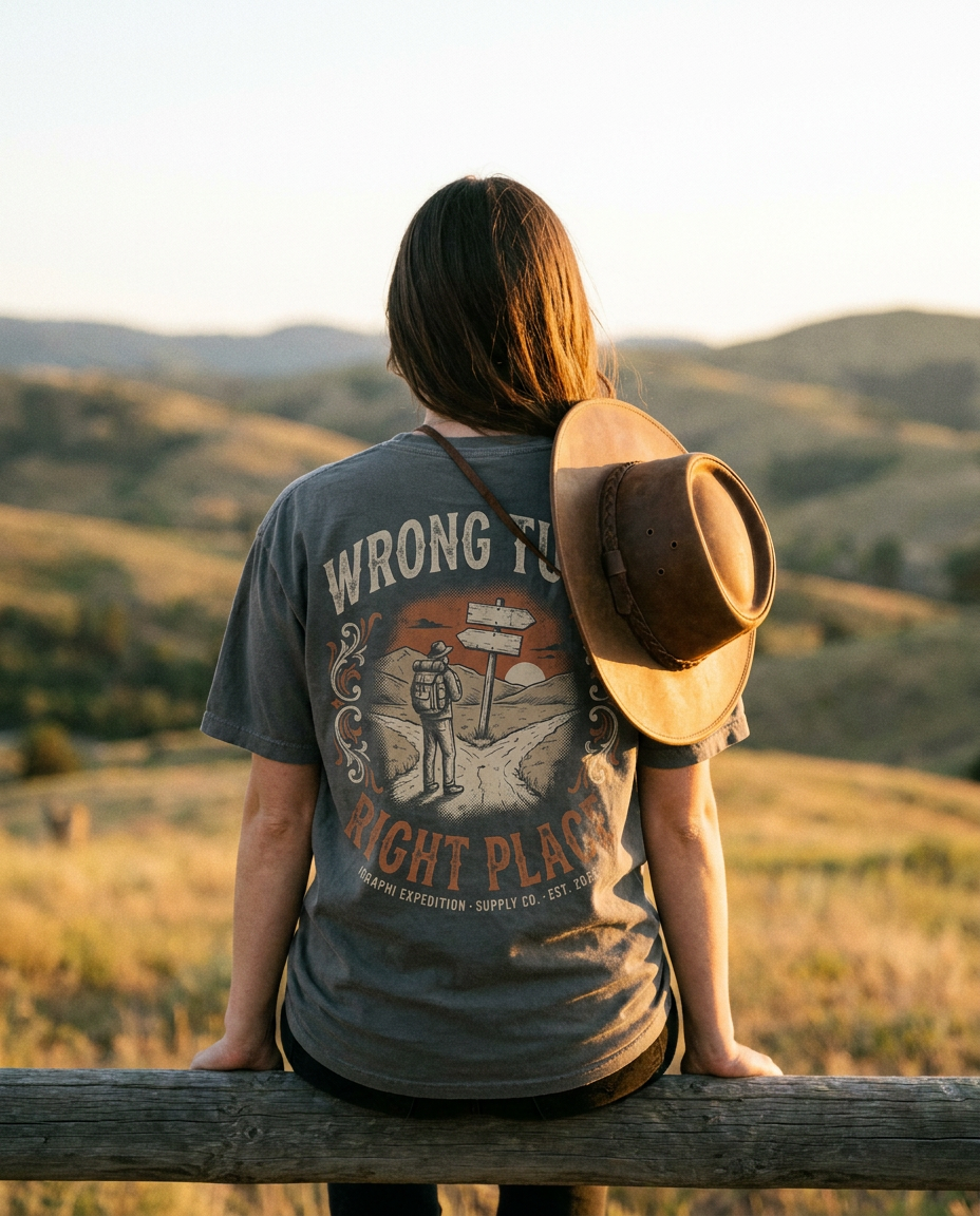 Wrong Turn. Right Place. tee worn on a fence rail at sunset, back print