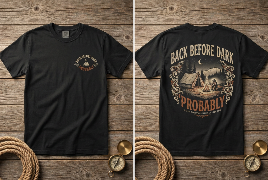 Back Before Dark. Probably. heavyweight tee in black, front and back, flat lay