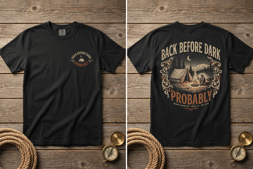 Back Before Dark. Probably. heavyweight tee in black, front and back, flat lay