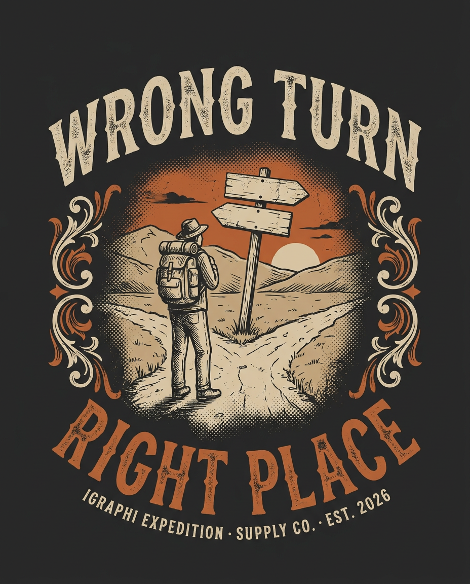 Back print artwork: Wrong Turn / Right Place, engraved trail-fork scene