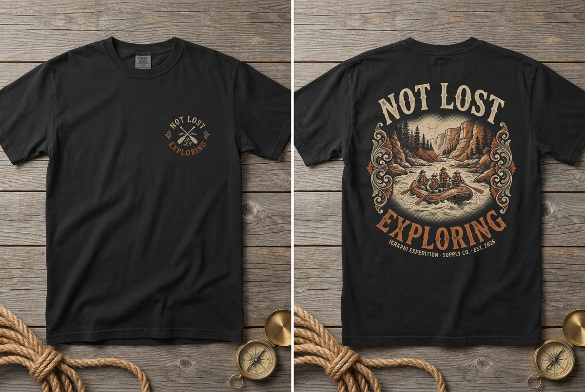 Not Lost. Exploring. heavyweight tee in black, front and back, flat lay
