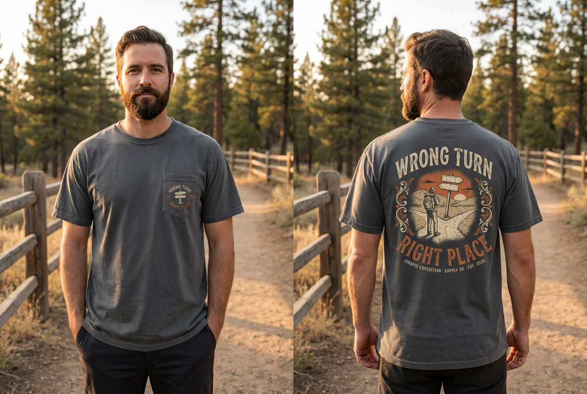 Wrong Turn. Right Place. tee on model, front and back