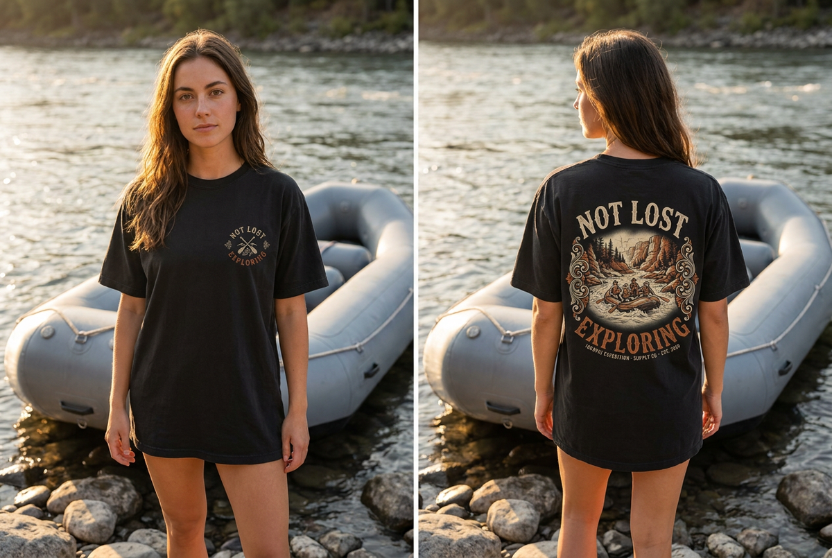 Not Lost. Exploring. tee on model, front and back